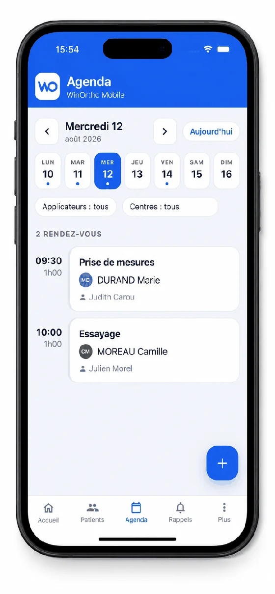 WinOrtho Mobile : agenda de la journée avec créneaux, type de rendez-vous, patient et applicateur