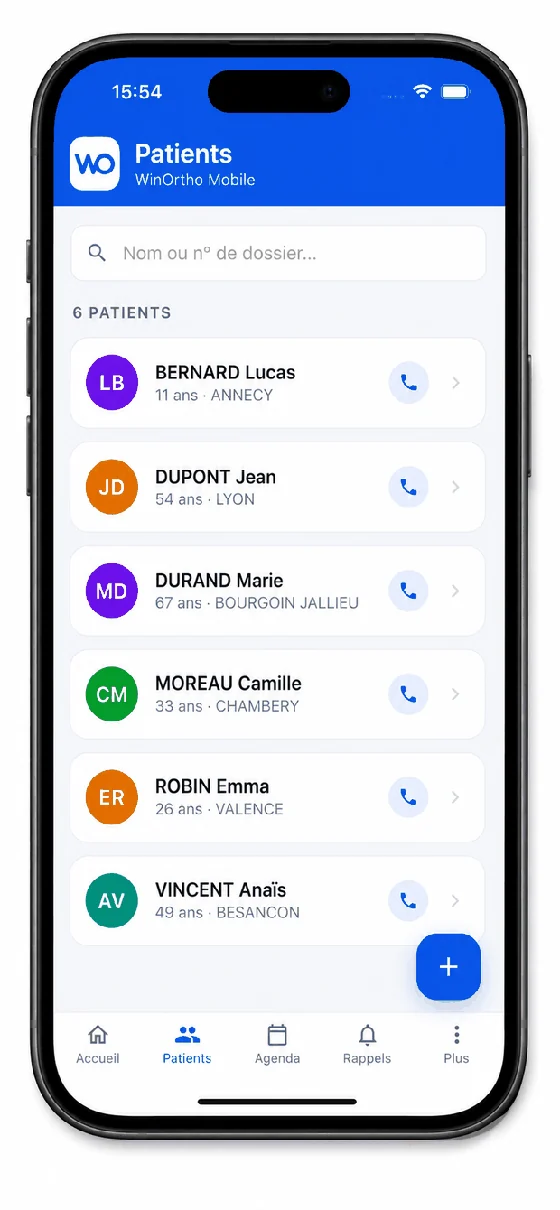 WinOrtho Mobile : liste des patients avec recherche et appel direct depuis la fiche