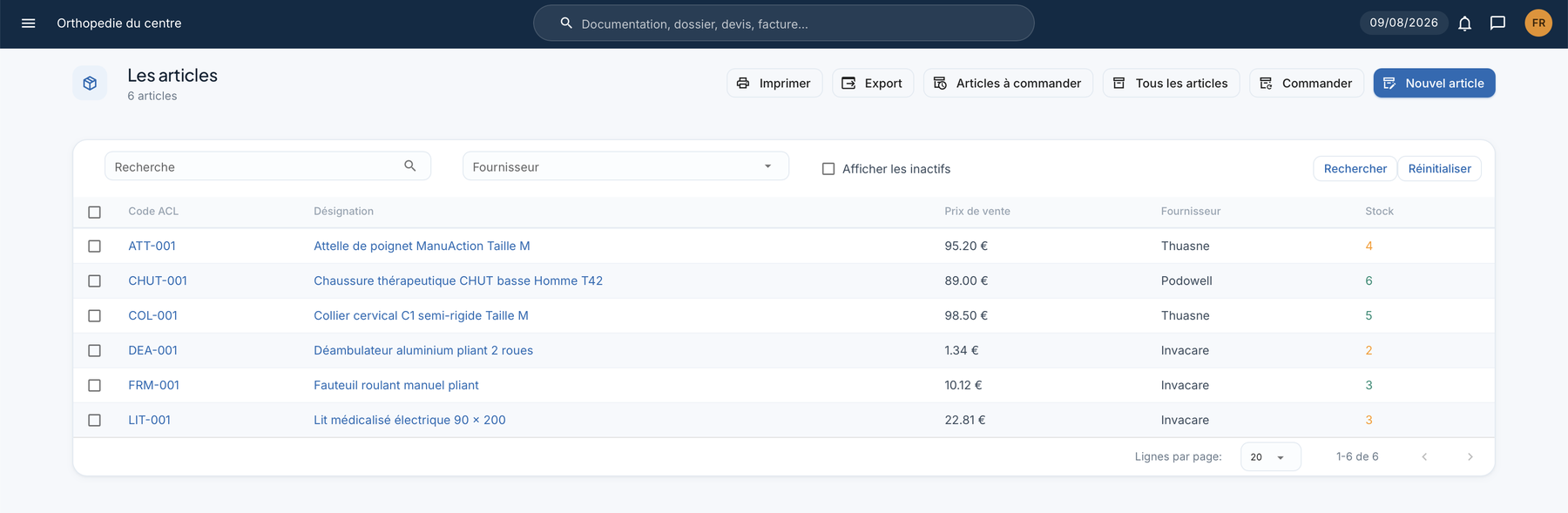 Écran WinOrtho : gestion du stock avec code ACL, fournisseur, prix de vente et alertes de quantité