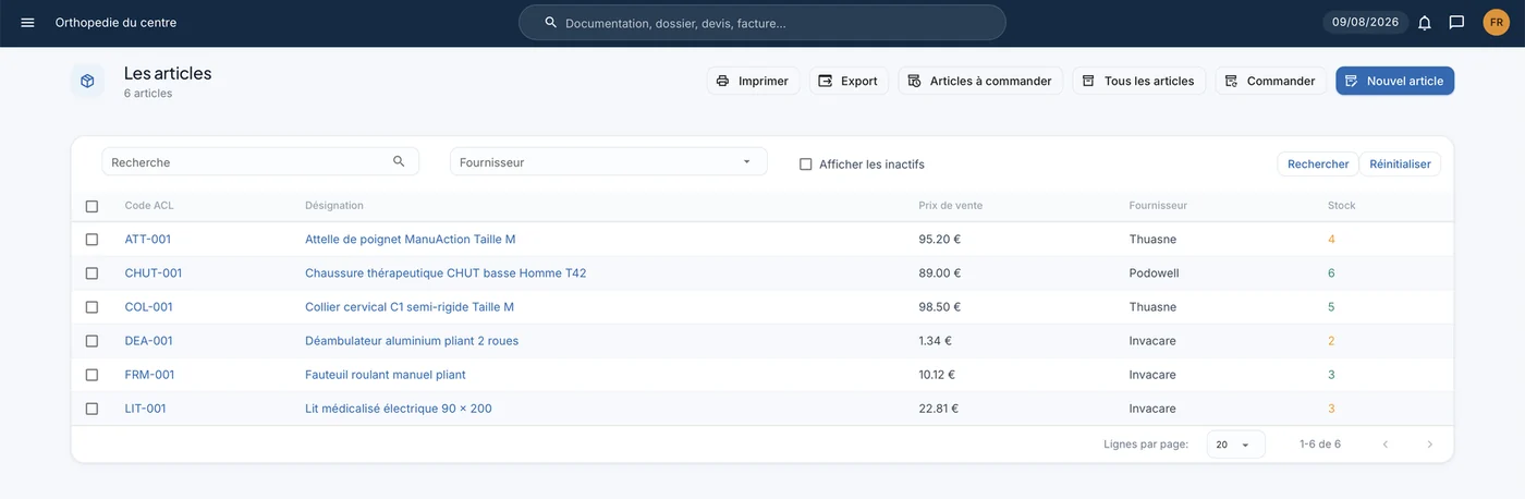 Écran WinOrtho : gestion du stock avec code ACL, fournisseur, prix de vente et alertes de quantité